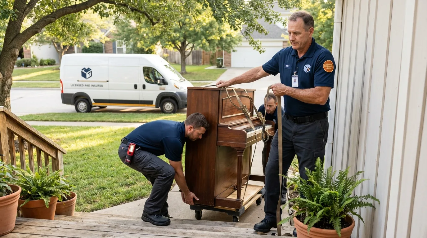 Licensed piano movers securing grand piano in Olympia, WA