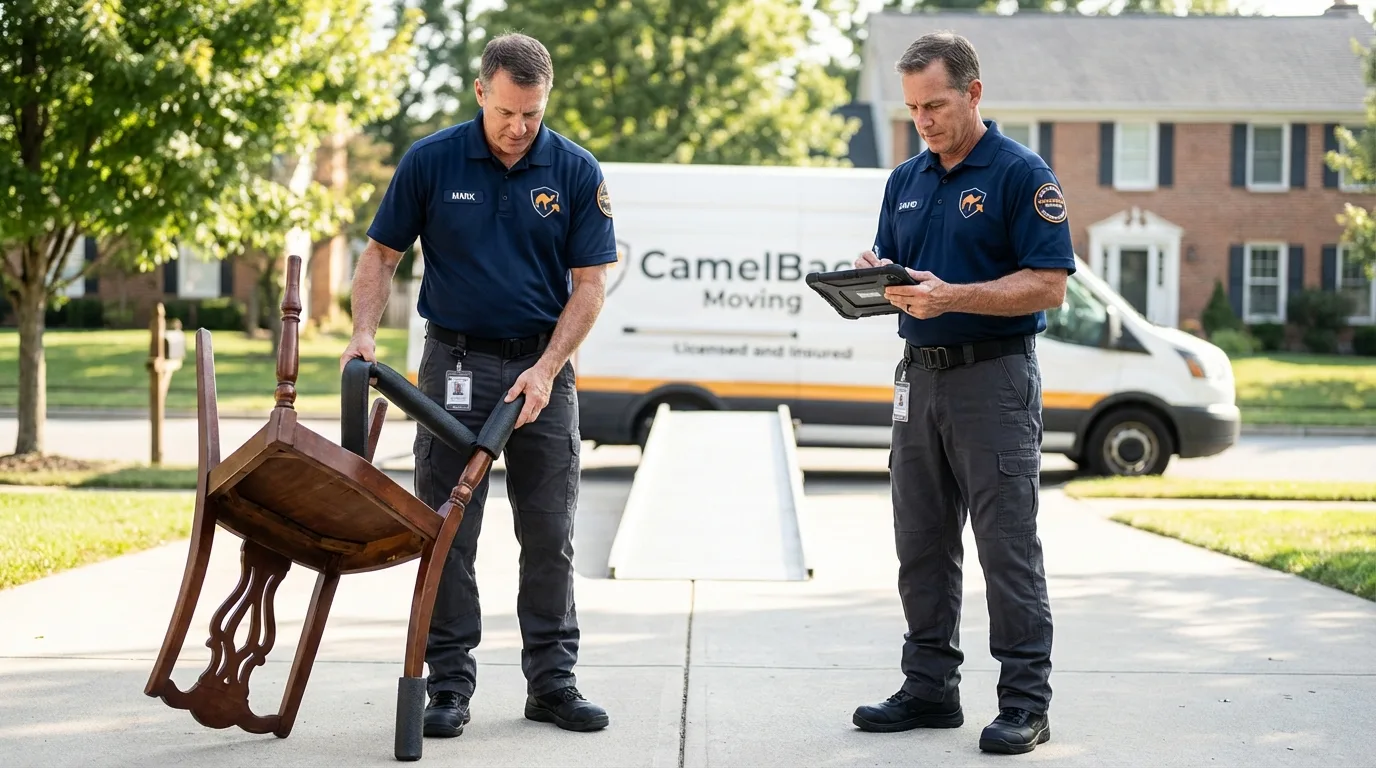 Movers inspecting furniture for damage prevention before loading in Olympia, WA