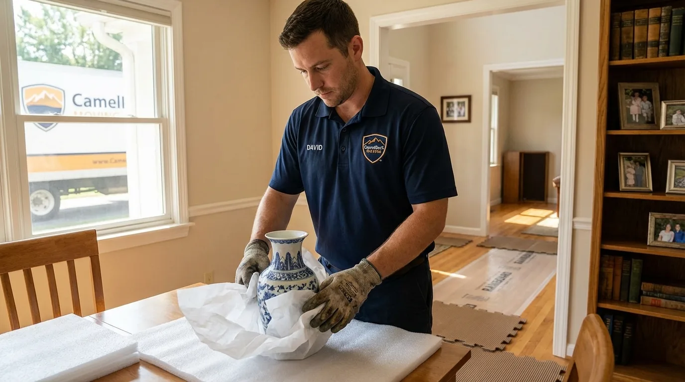 Professional crew carefully wrapping antique vase for senior downsizing move in Olympia, WA